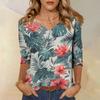 Women's V-Neck Three-Quarter Sleeve Small Floral Print Blouse - Loose Fit Casual Top for Summer