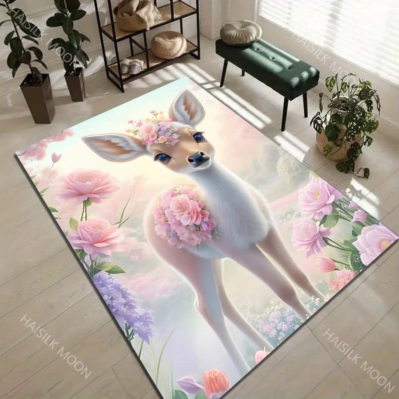 1PC Flower crowned fawn amid pastel blossoms Carpet for Living Room Bedroom Sofa Home Decor Rus Non-slip Floor Mat Luxury Gift