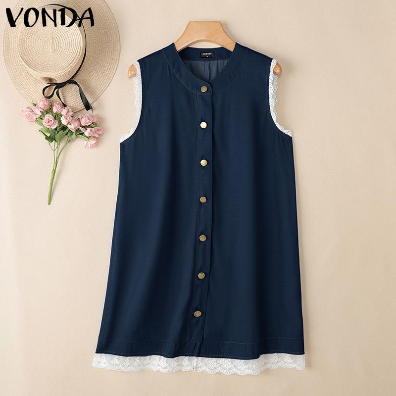 

VONDA Women O Neck Lace Hem Sleeveless Buttons Casual Mini Tank Dress 4XL темно-синий