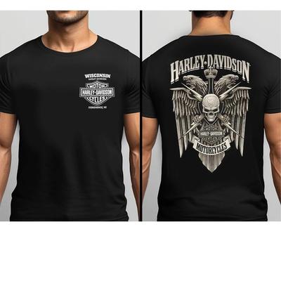 Camiseta Unisex con Estampado Trasero de Calavera y Alas Harley Davidson