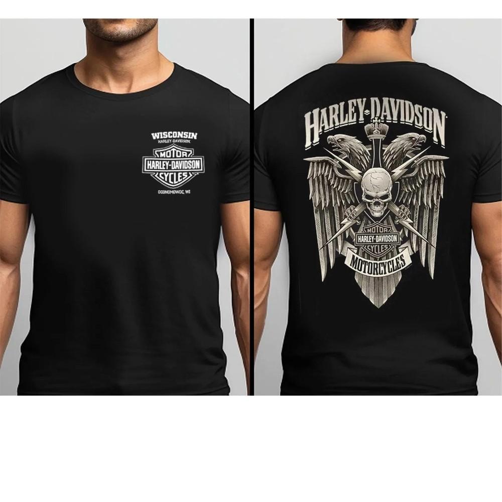 Harley Davidson Skull Wings Back Print Shirt Unisex T-Shirt S