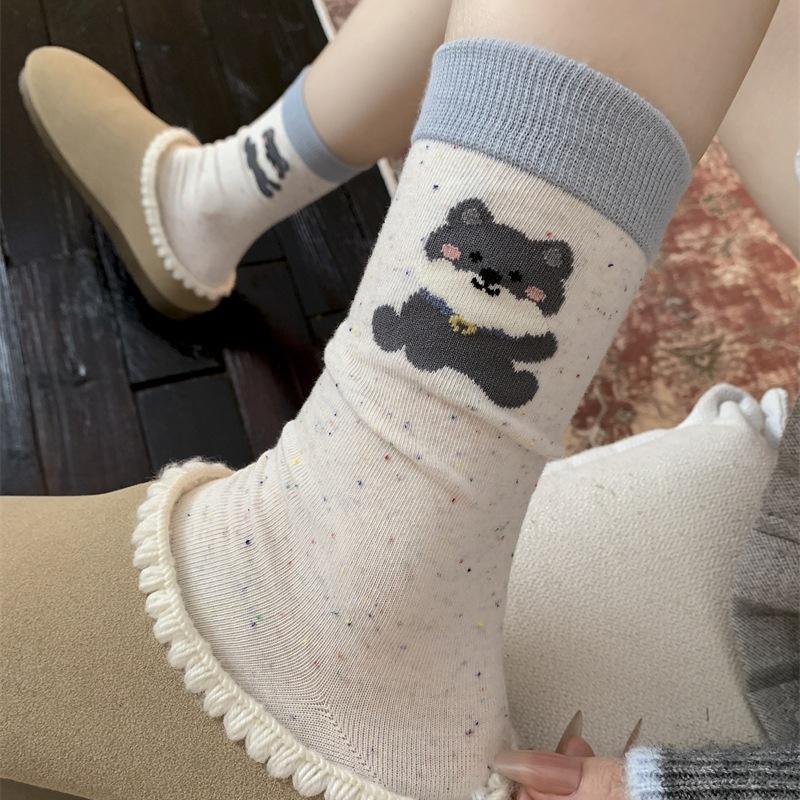 Female Spring and Autumn Assorted Cartoon Cute Dog Embroidery Boneless Drum Pile Pile Cotton Socks