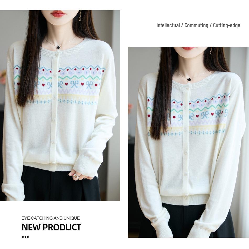 Women's Autumn 2025 Jacquard Round Neck Long Sleeve Knit Cardigan Jacket