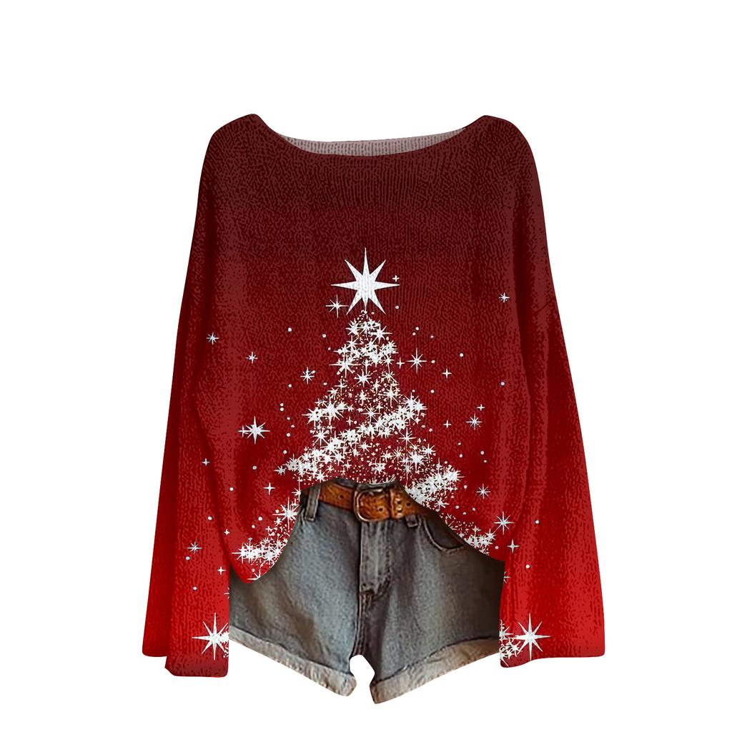 Ladies' Fashionable Casual Long Sleeved Christmas Printed Round Neck Knitted Yarn