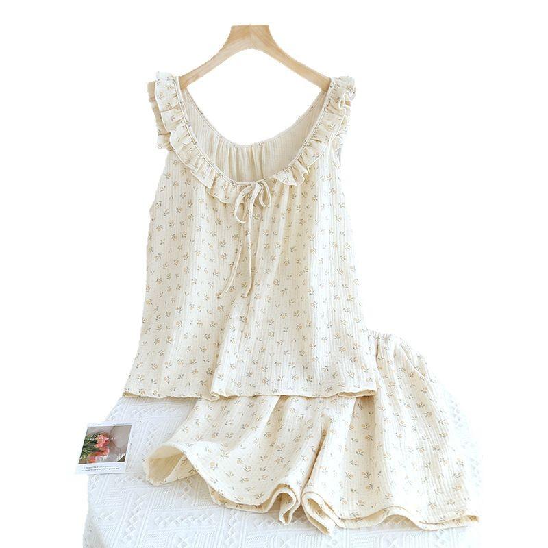 Spring and summer new loungewear pure cotton gauze Korean version floral series suspender shorts set breathable loose pajamas
