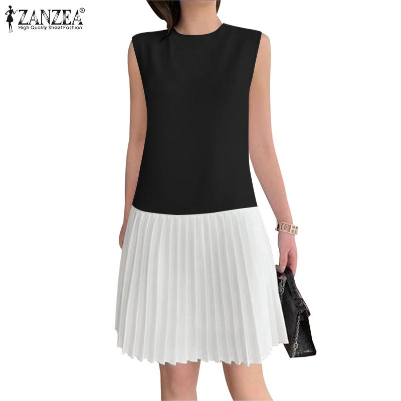 

ZANZEA Women Casual Round Neck Sleeveless Pleated Patchwork Dress 3XL чёрный