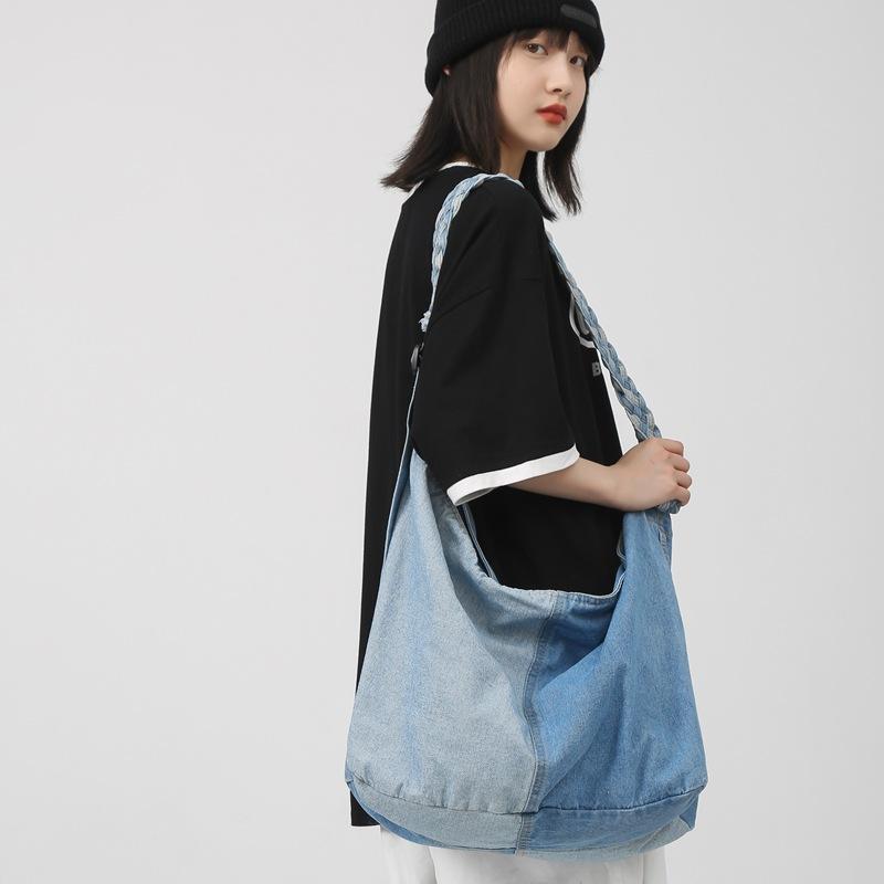 Student Backpack Color-block Denim Crossbody Bag Lazy Style Large-capacity One-shoulder Woman All-matching Fashionable