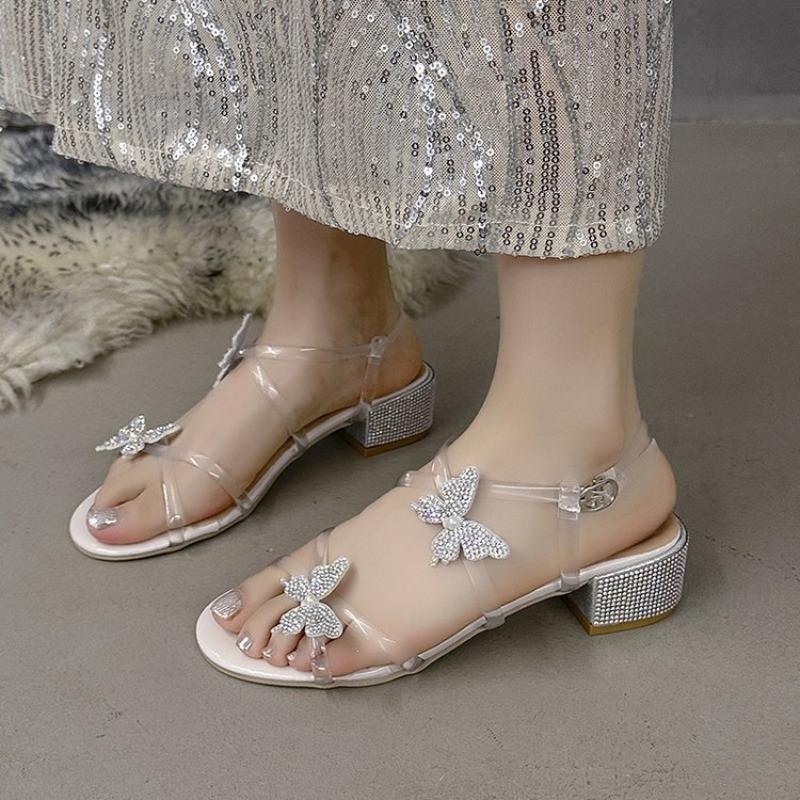 Women's Crystal Toe Post Block Heel Sandals, Fairy Style Rhinestone Summer Dress Shoes