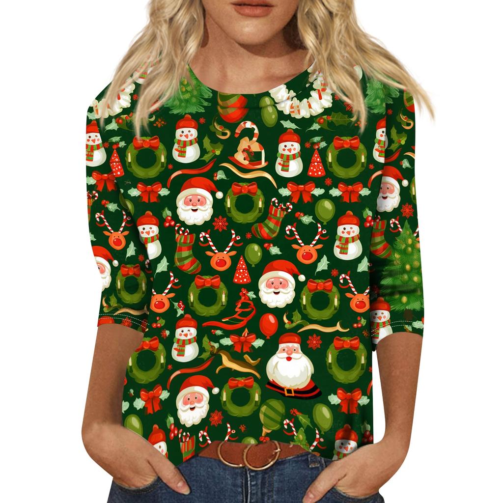 Women's Casual Christmas Print Three-Quarter Sleeve Neck Top