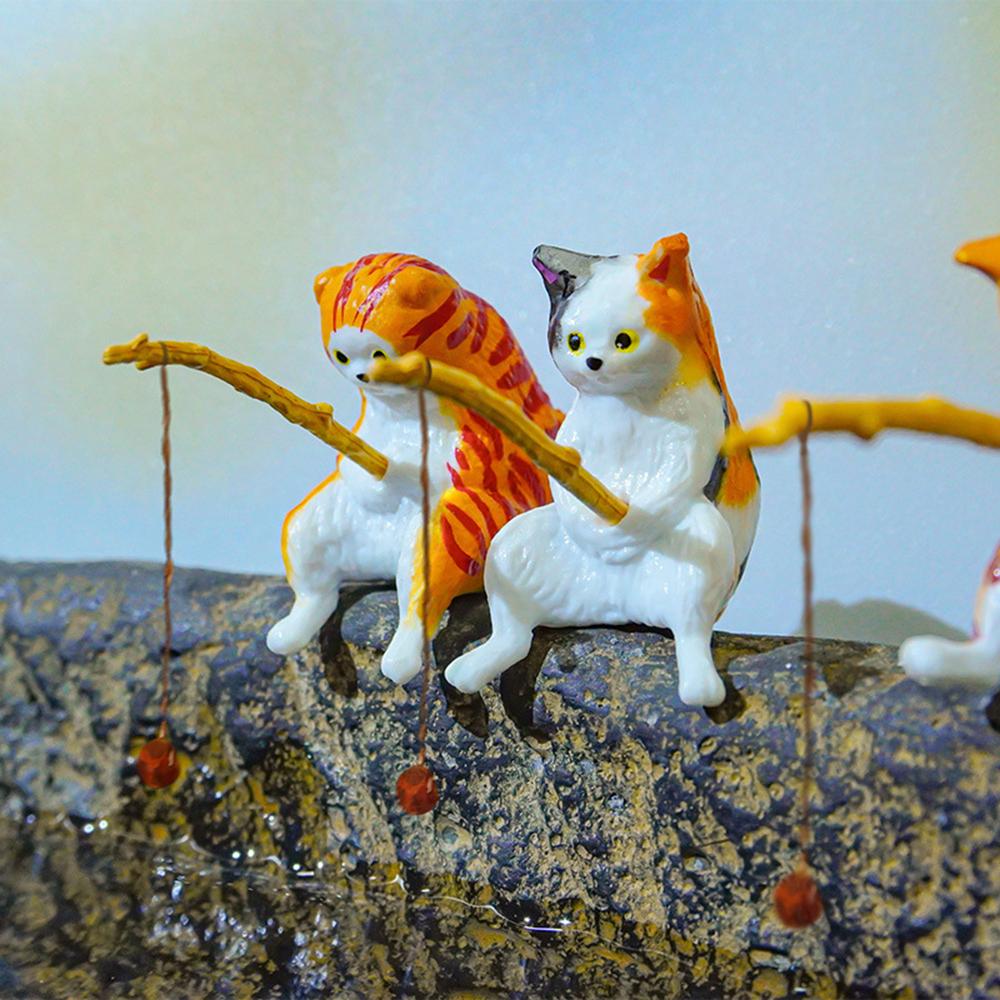 1/5pcs Cute Fishing Cat Ornaments Resin Fish Landscaping Mini Statue Cartoon Figurine Miniatures DIY Handcraft Home Decorations