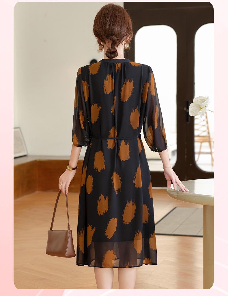 Summer Women's Short-Sleeved Chiffon Midi Dress with Meat-Print Design