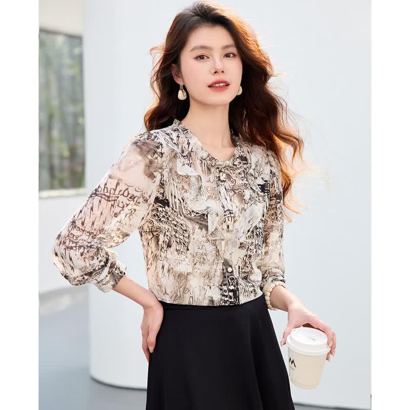 Sanpowa Women s Elegant Floral Print Long-Sleeve Blouse L