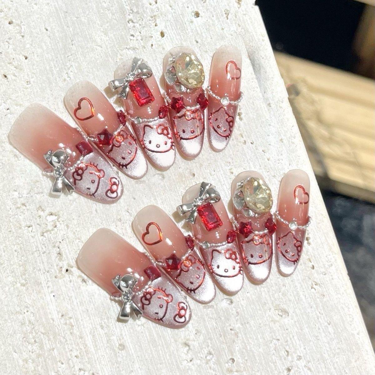 Handmade Sweet & Spicy Red Cat Eye Press-On Nails with Bow Medium
