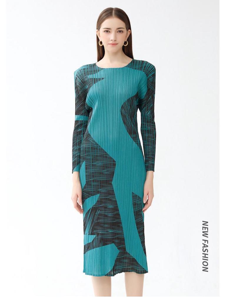 Elegantes A-Linien-Damenkleid: Frühling 2025, Rundhalsausschnitt, Kontrastfarbe, Lässiger Stil, Slim Fit, Langarm.