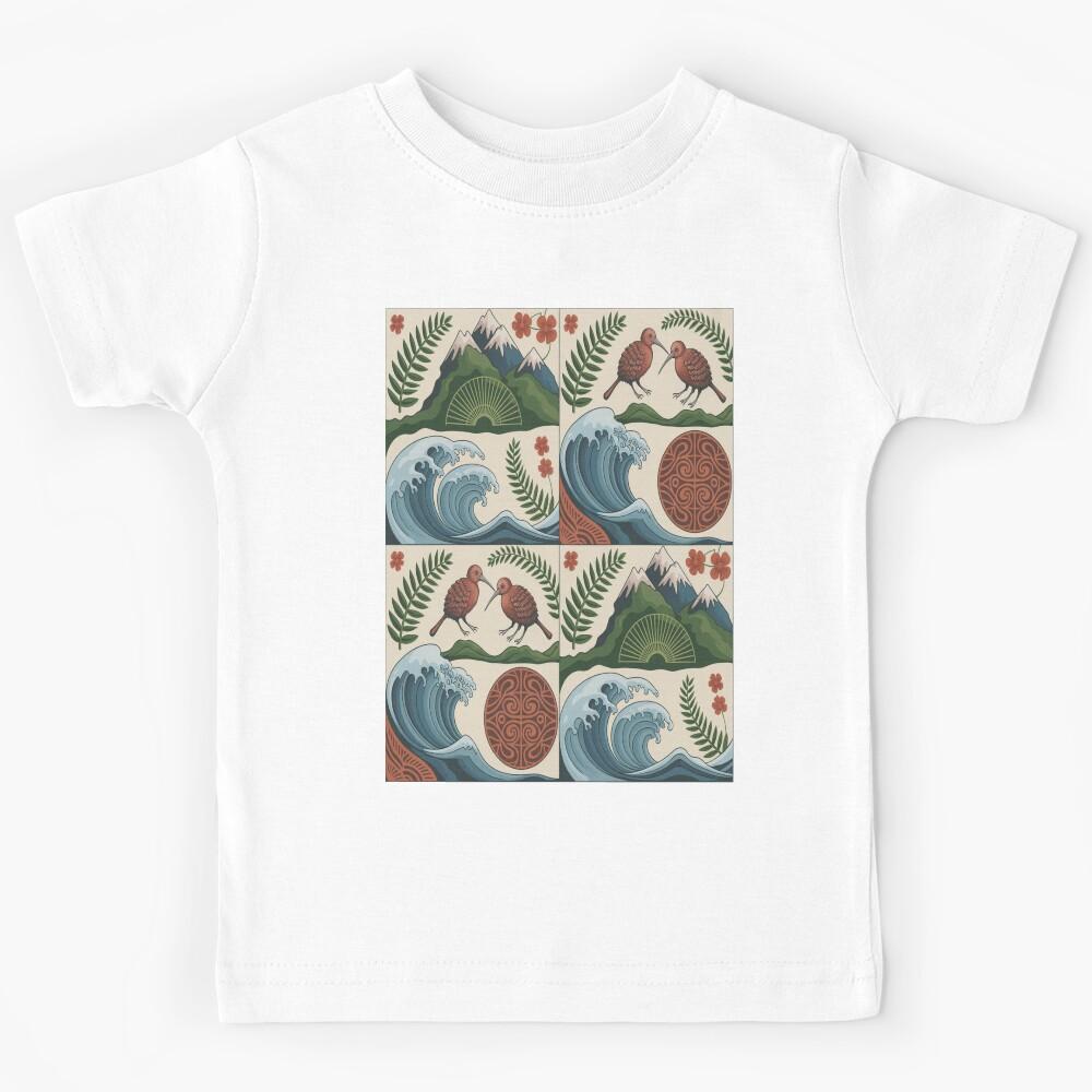 New Zealand Kiwi Birds & Ocean Waves Seamless Pattern Kids T-Shirt 170