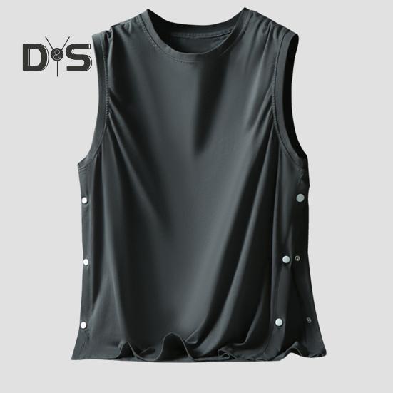 Men Vest Sleeveless Round Neck Loose Fit Tank Tops with Side Buckles Closure Solid Color Casual Tops Summer Wear