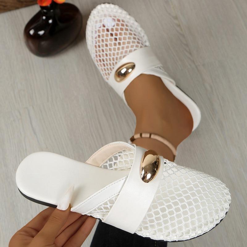Mesh Breathable Baotou Semi-slippers Women's Spring and Summer New Round Head Metal Buckle Soft Bottom Flat Bottom Cool Mop