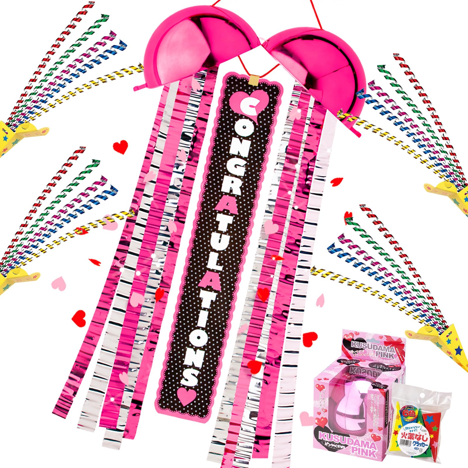 

Pink Kusudama with 4 Crackers and 1 Plain Dripping Kusudama Party Toy Game Made in Plaza Thank You [Festival Lottery] Gunpowder-Free Cracker. Japan.