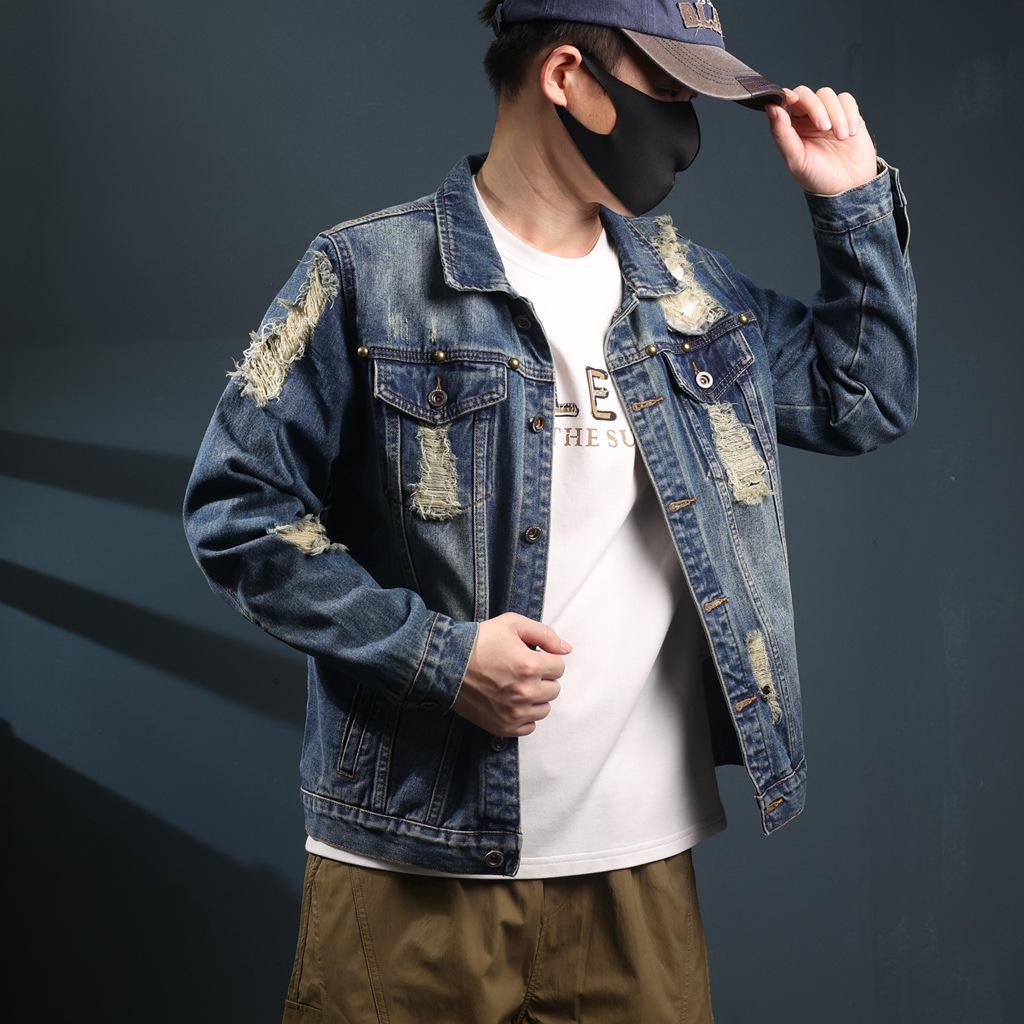 Xintang Ripped Distressed Men's Denim Jacket - Loose Long Sleeve Streetwear Outerwear for Spring