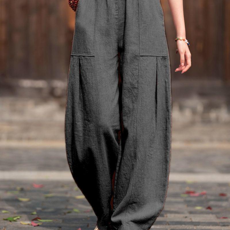 Pantaloni a Lanterna da Donna Retro a Vita Alta in Cotone e Lino - Taglie Forti, Colore Unito, Snellenti, Lunghi, Casual per Primavera/Estate