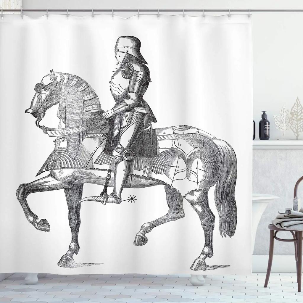 Middeleeuwse Ridder Douchegordijn, Retro Pantser Ridder met Schild en Zwaard Badkamer Douchegordijn Set, Polyester Stof, Haken