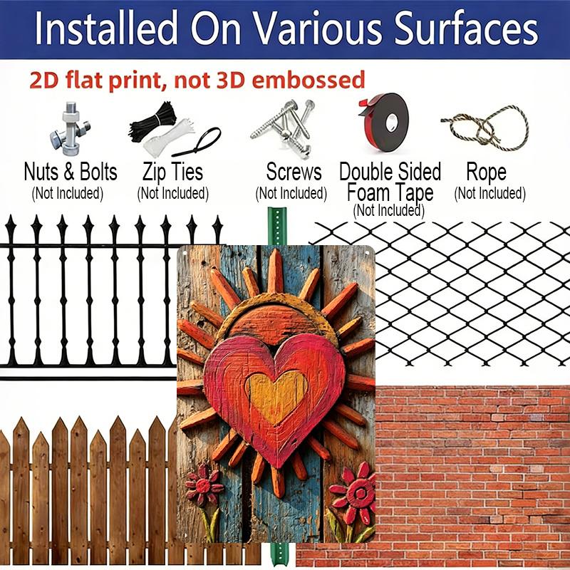 2D Flat, 1pc Vintage Bohemian Sunflower & Hippie Heart Aluminum Wall Art - Retro Farmhouse Kitchen Decor, Durable Metal Plaque for Boho Housewarming