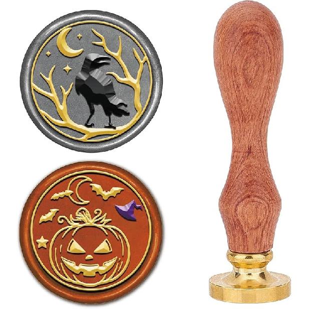 CRASPIRE 2 Style Happy Halloween Wax Seal Stamp Set Brass Sealing Stamp Heads + 1pc Wood Handle Removable Witch Hat Bat Ghost Kit for Decorating