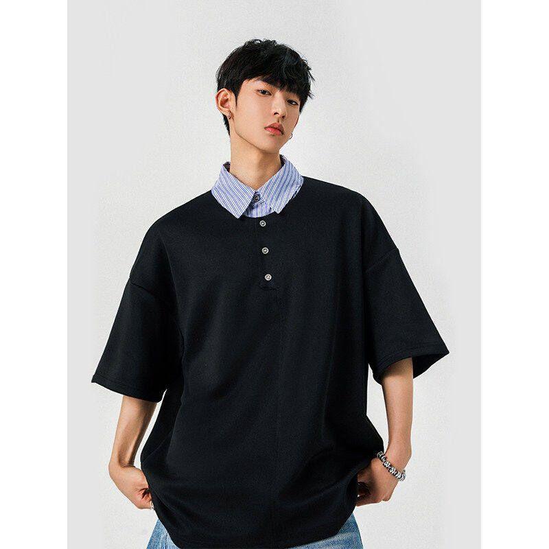 Dongjie Nologo Summer Two-Piece Patchwork Striped Lapel Short-Sleeve T-Shirt for Men, Bai Jingting's Goodbai Top