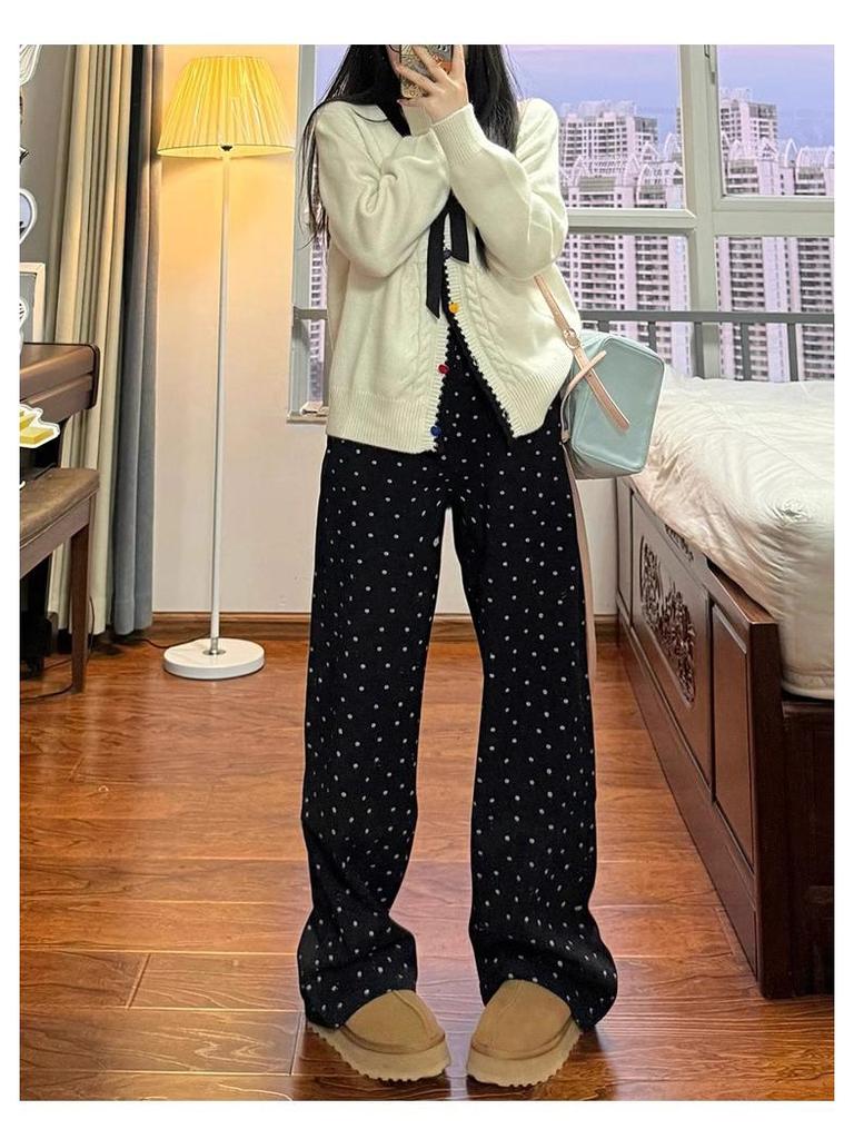 Plus Size Black Polka Dot High-Waist Wide Leg Jeans for Women, Spring/Autumn, Pear Shape Slimming