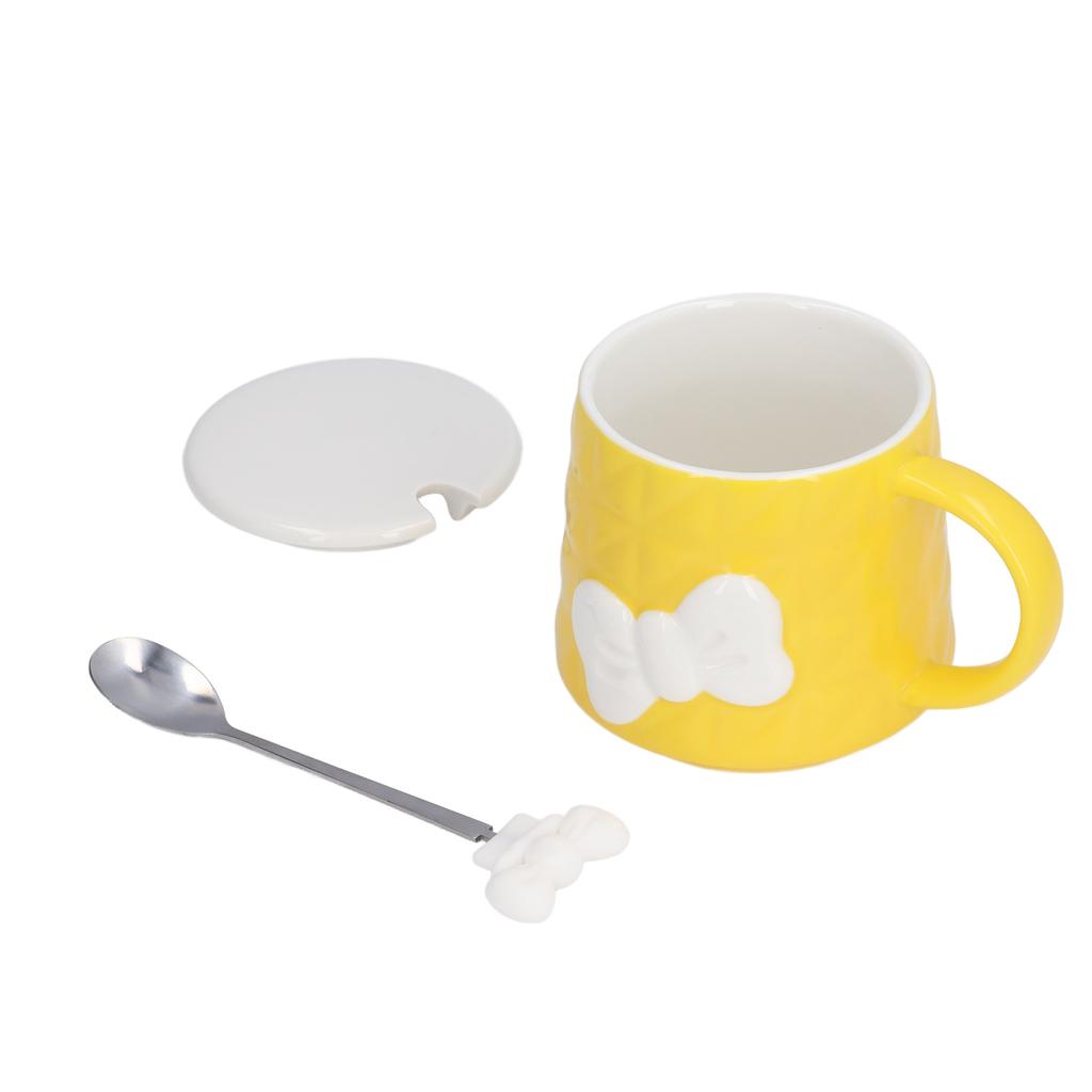 400ml Cute Bowknot Ceramic Tea Milk Water Cup Coffee Mug with Lid Stainless Steel Spoon for Home Holiday Gifts
