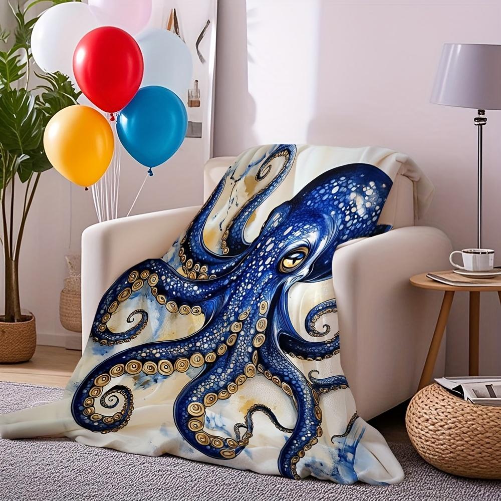 Blue Octopus Sea Creature Art Throw Blanket Ocean Design for Living Room Decor Gift for Her MarineStyle
