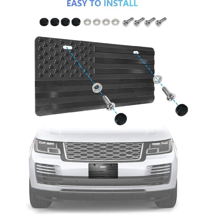 American Flag Front Bumper License Plate - Black Plastic Plates With 3D Embossed Patriotic Decor For Cars With Screws
