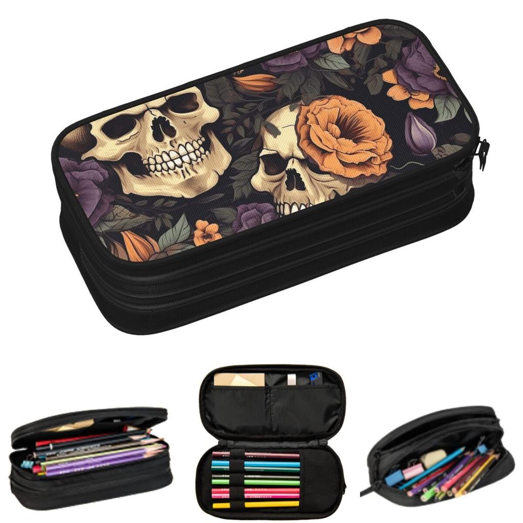 Gothic Floral Skull Pattern Pencil Cases for Student Gifts Pen Box Pencil Bag Large Storage Pencil Pouch