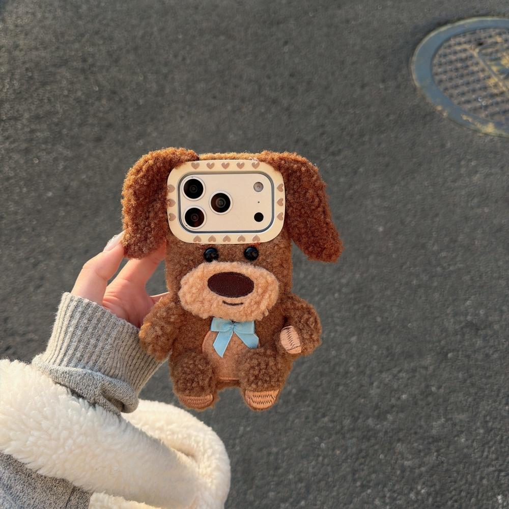Applicable to Apple 17promax mobile phone case, autumn and winter new 16pro cartoon plush brown teddy dog iPhone15 protective case, cute women's 14