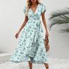 Women's V-Neck Waisted Floral  Print Short Sleeve Dresses