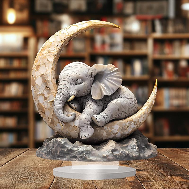 Acrylic Desk Ornament Of An Elephant Sleeping On The Moon For Home Decoration
