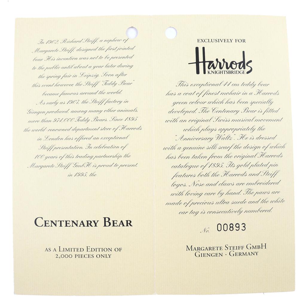 Excellent Steiff Harrods Centenary Bear Musical Bear with Music Box, LimitedEditionof 2000 Used