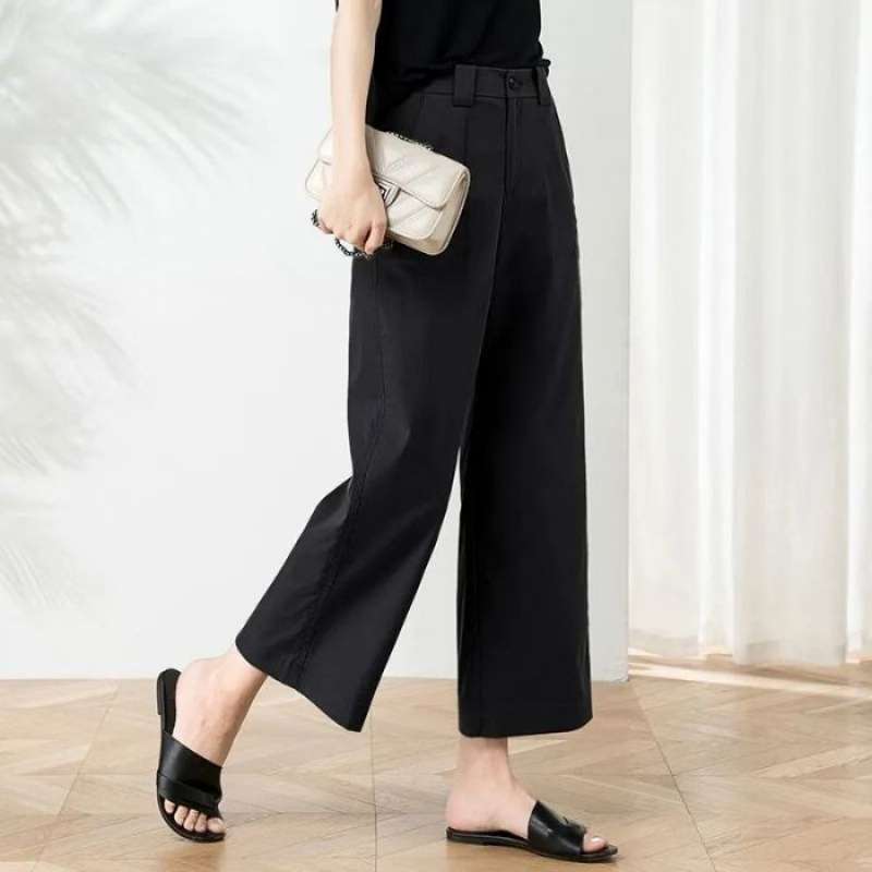 Pure Cotton Tooling Casual Pants Women's Spring and Autumn Eight-point Wide-leg High-waist Thin Straight-leg Pants