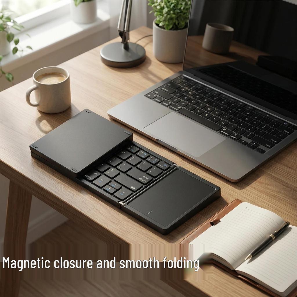 Tri-Fold Bluetooth Keyboard with Touchscreen for iPad & Laptop Business Use - Portable & Rechargeable.