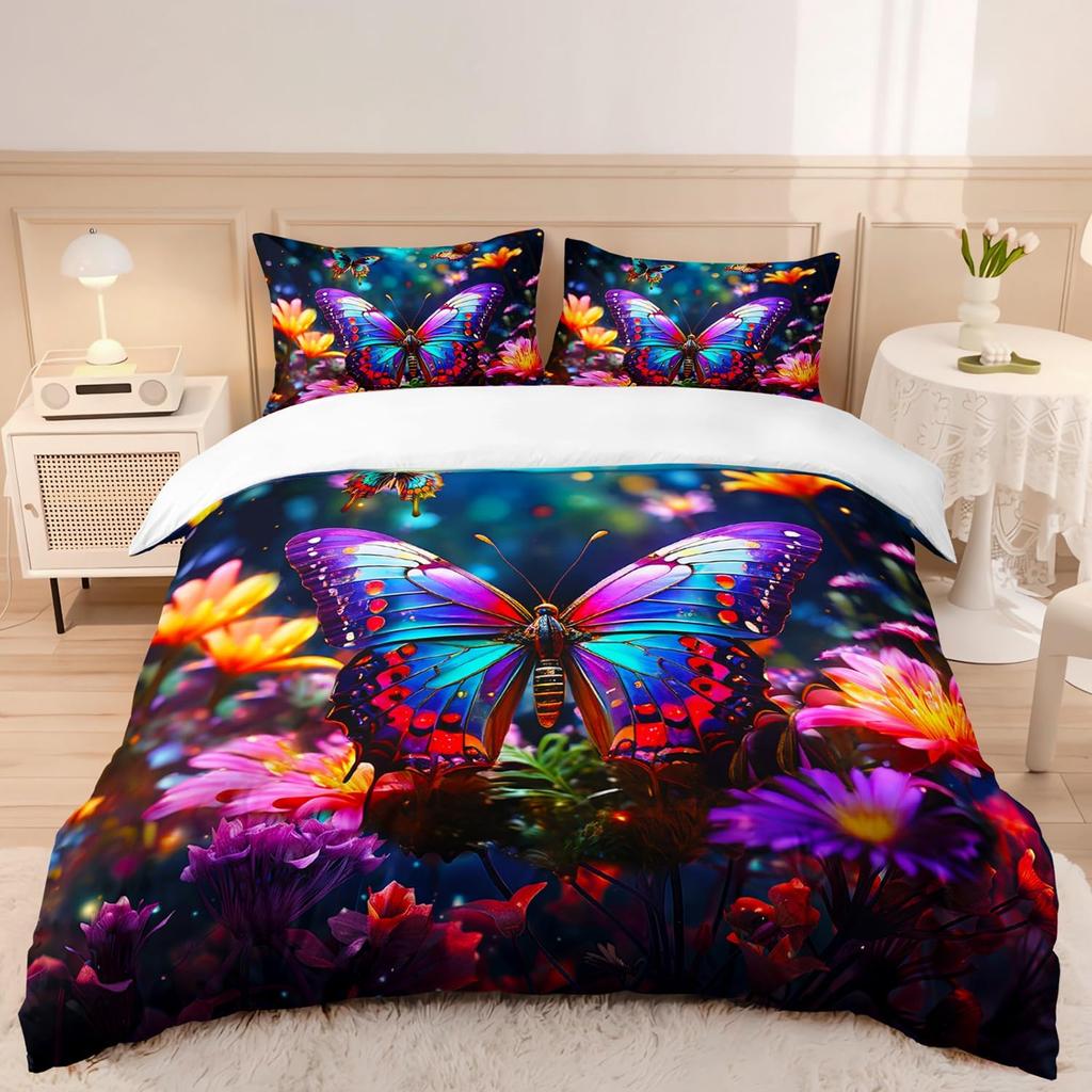 Butterfly Duvet Cover Set Queen King Size Sparkly Blue Butterflies Bedding Set Boho Style Quilt Cover Set For Girls Kids 3 Pcs