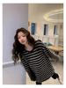 Autumn/Winter Japanese Style Color Block Stripe Loose Fit Round Neck Top