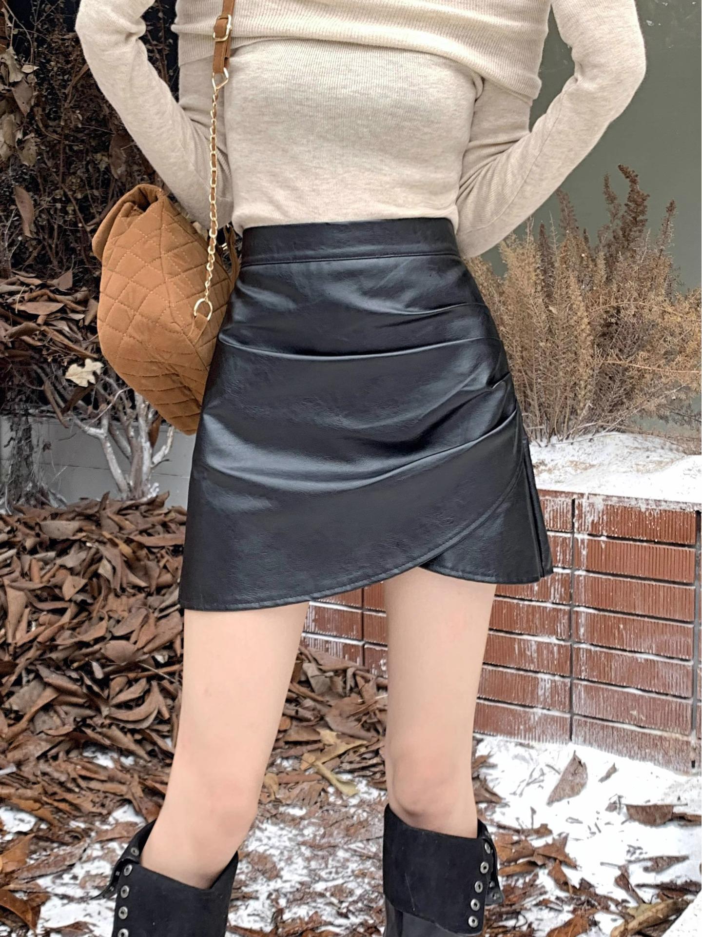 Women s High Waist PU Leather A-line Slit Skirt - Autumn/Winter Retro Slimming Design 2XL чёрный
