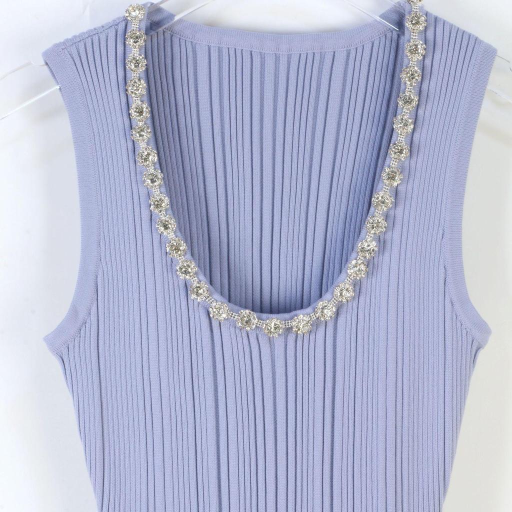 Rhinestone Round Neck Sleeveless Dress - Women's Slimming French Style Knitted Tank for Spring/Summer