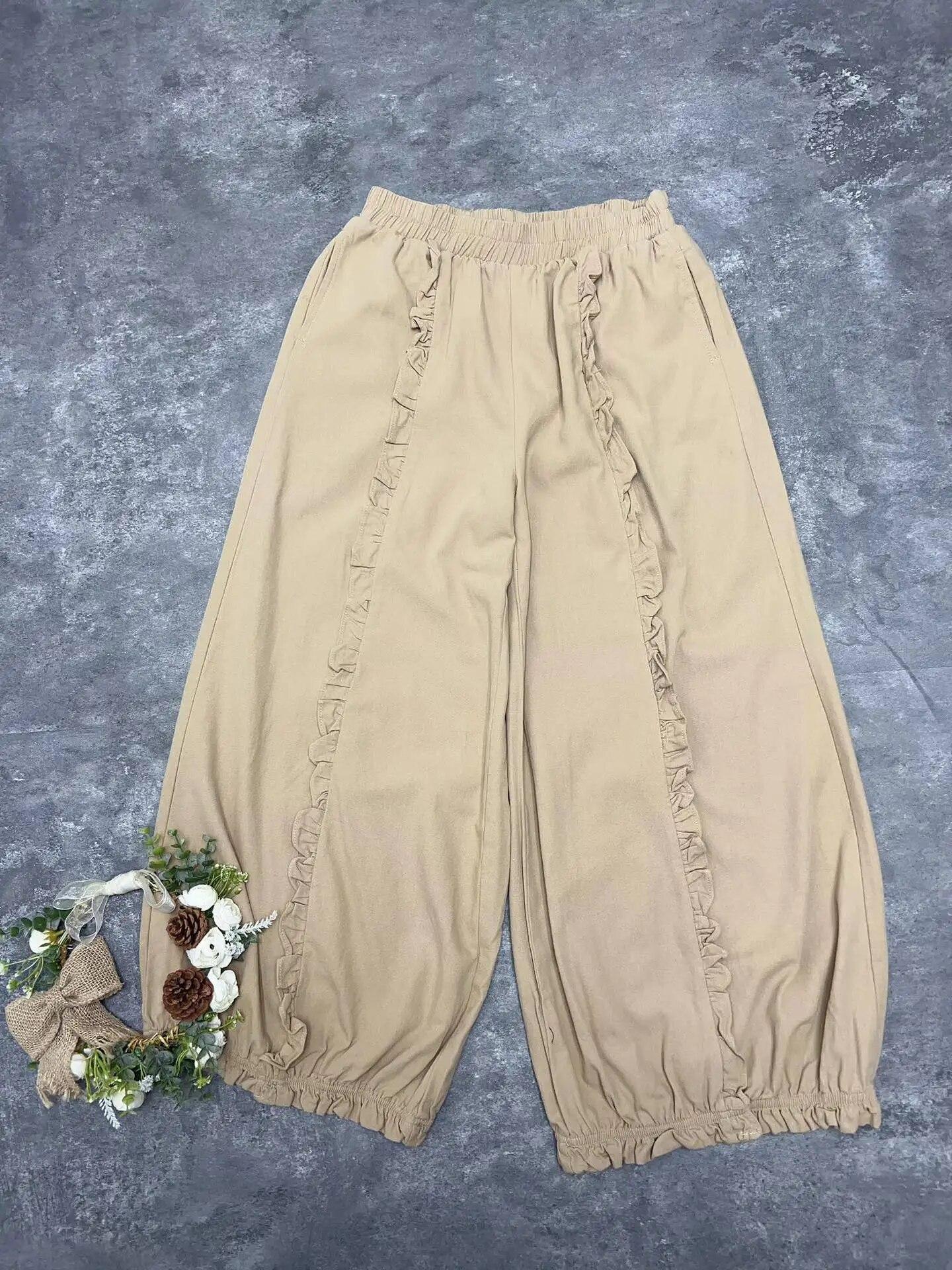 

Johnature весна-лето женские шаровары повседневные хлопковые брюки с эластичной резинкой на талии простые ажурные оборки свободные карманы женские брюки One Size хаки