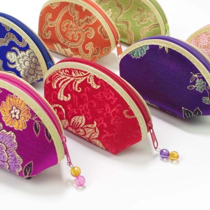 Chinese Brocade Jewelry Pouch Exquisite Handmade Embroidery Zipper Closure Small Storage Bag for Rings Earrings Necklace