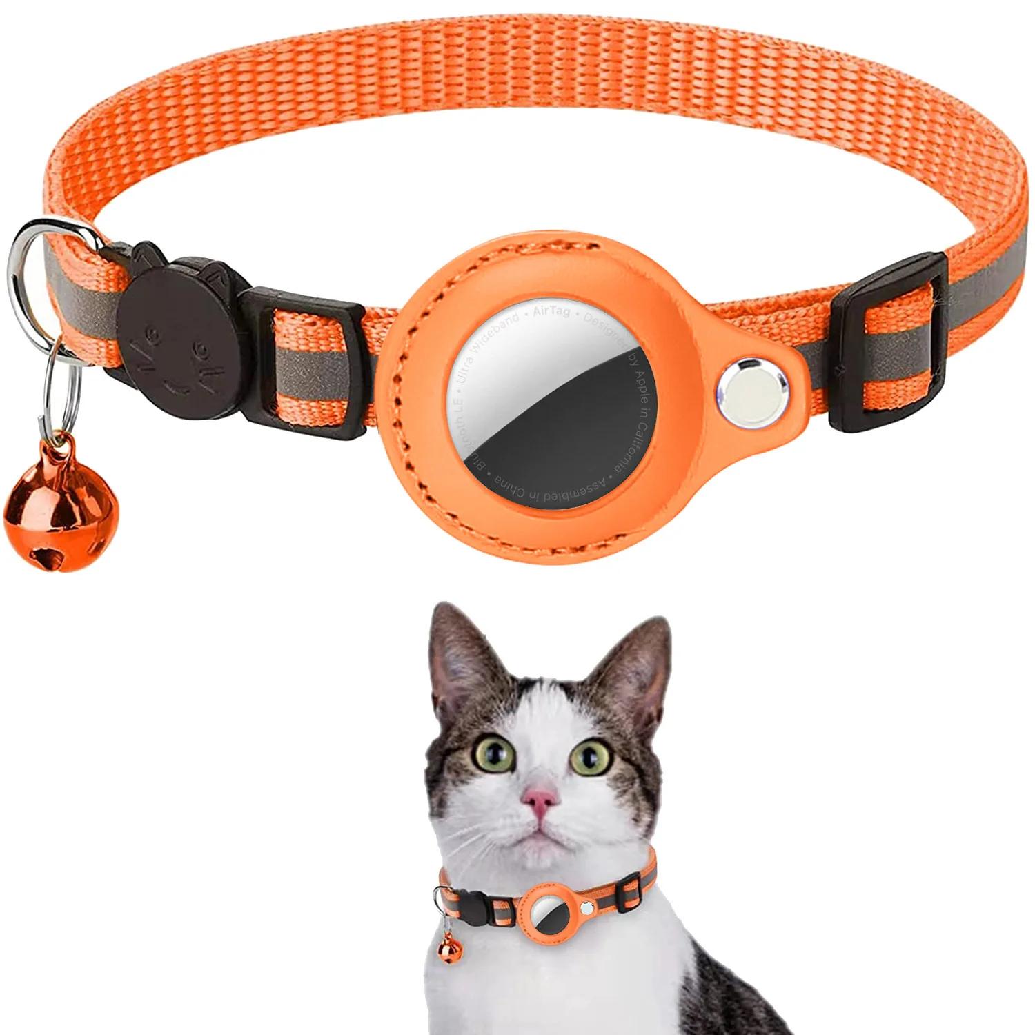 

Cat AirTag Holder Collar Breakaway Reflective Strips Adjustable Kitten Collar Waterproof Cat Bell Collar Pet Air Tag Case collar Adjustable 22-32cm оранжевый