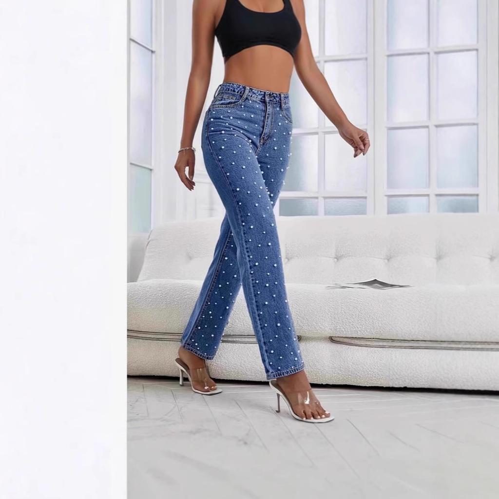 Pantaloni Jeans da Donna Perline Vita Alta Casual Pantaloni Dritti per Donna Streetwear Elegante Denim con Inserti Pantaloni Femminili