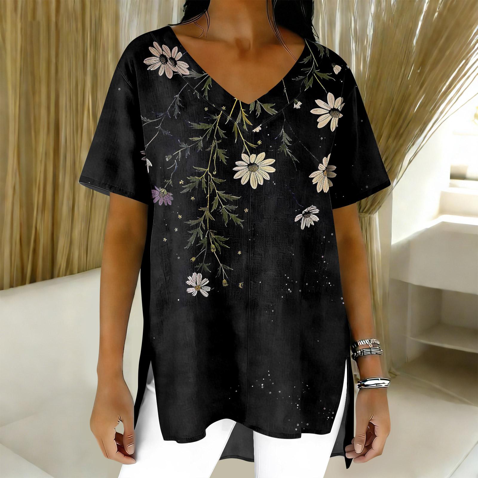 Женская мода повседневный короткий рукав цветочный принт топ L