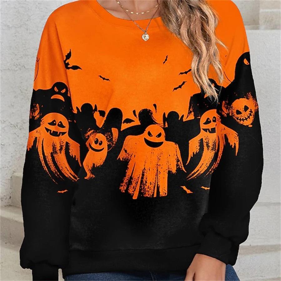 

Зима Хэллоуин Призрак летучая мышь толстовки с круглым вырезом Женская толстовка с мультяшным принтом Повседневный свободный пуловер Топ M