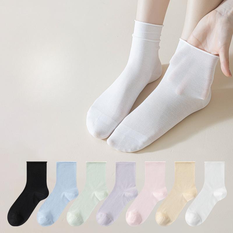 Women's Spring and Summer Ultra Thin Roll Edge Loose Mouth Month Son Breathable Tube Stack Socks